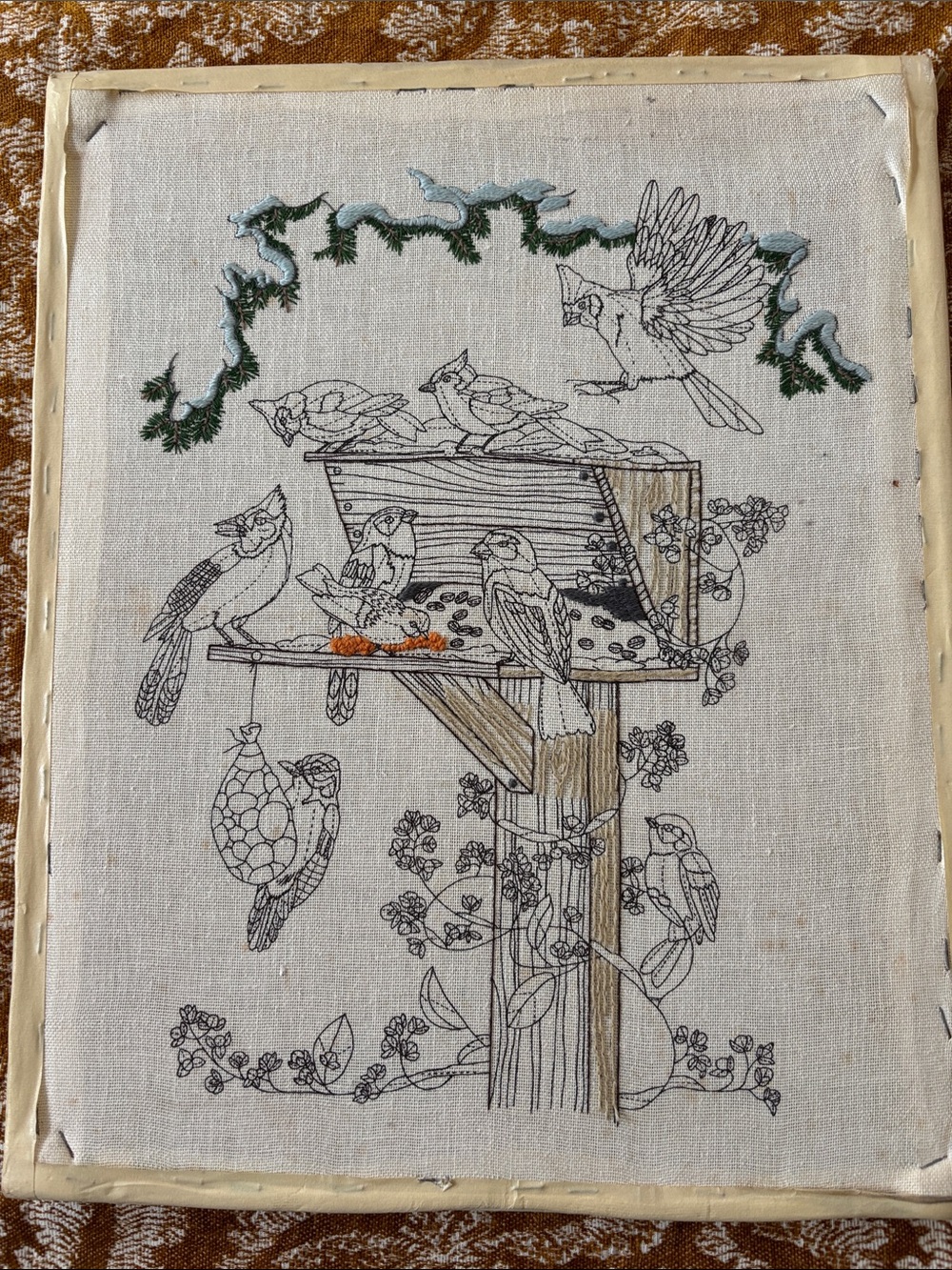 Vintage Dimensions crewel needlework kit, partially completed,on frame,16x20”